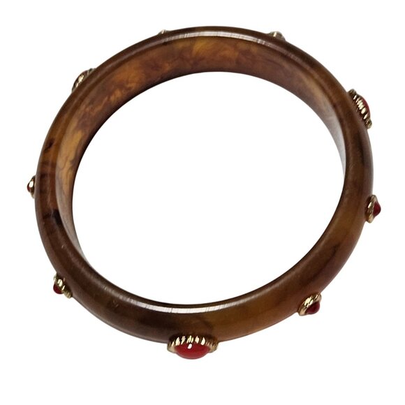Vintage Inspired Brown Resin Bangle Bracelet Gold Tone Red Gem Accents Retro 70s - Picture 3 of 4